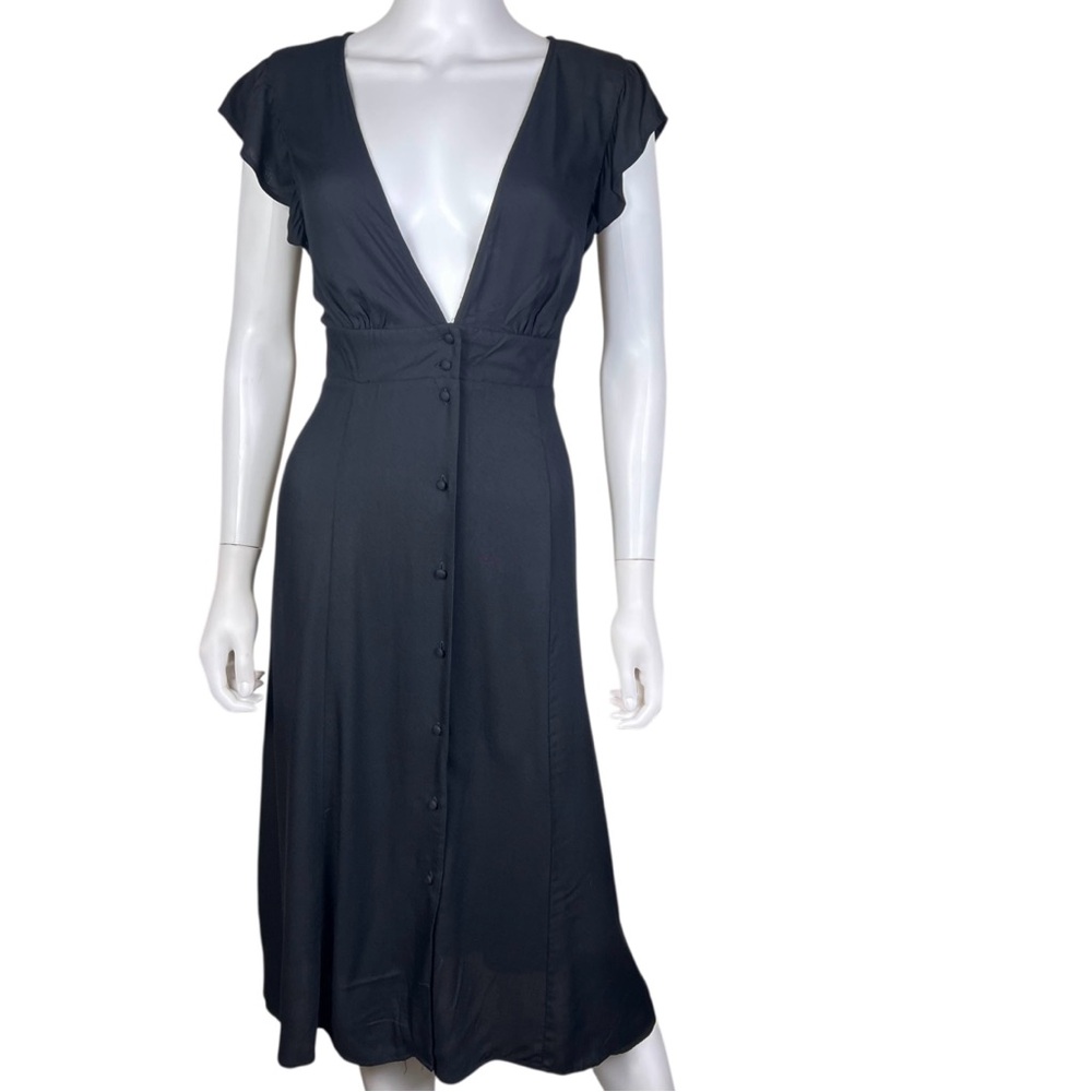 New Forever 21 Contemporary Deep Plunge V-Neck Black Midi Dress - Picture 5 of 10